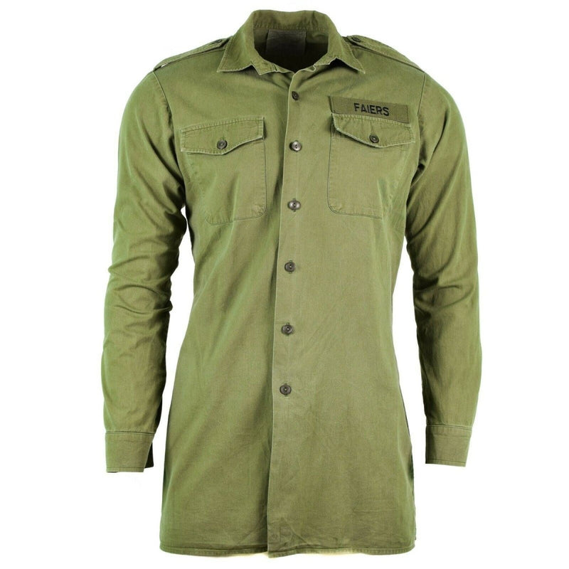 Long sleeve olive green British army shirt with button cuffs, epaulets, and chest pockets in classic military style