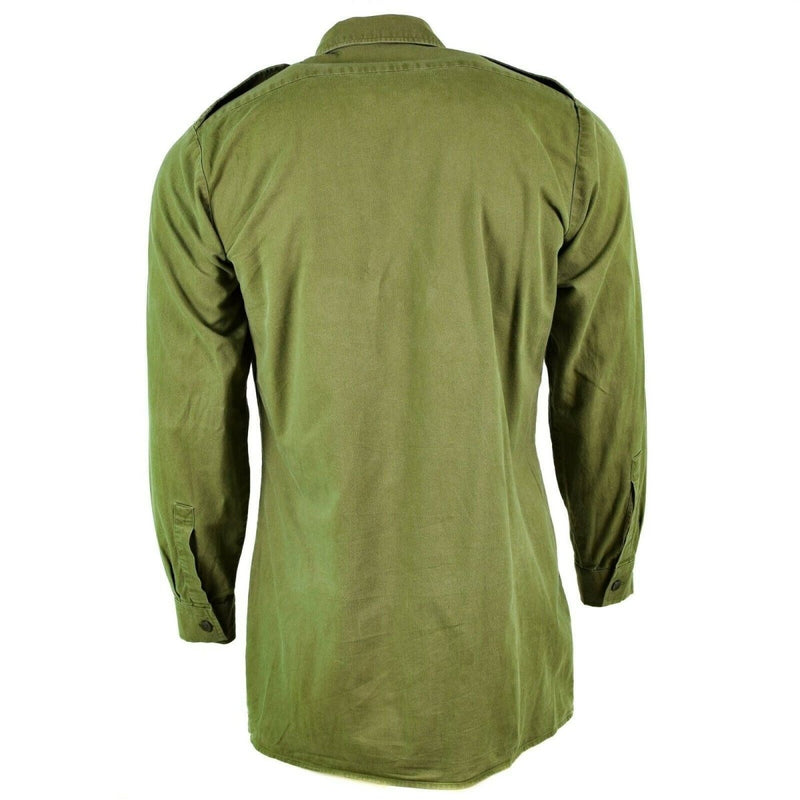 Back view of an original British Army olive green long sleeve military service shirt with epaulets and buttoned cuffs.