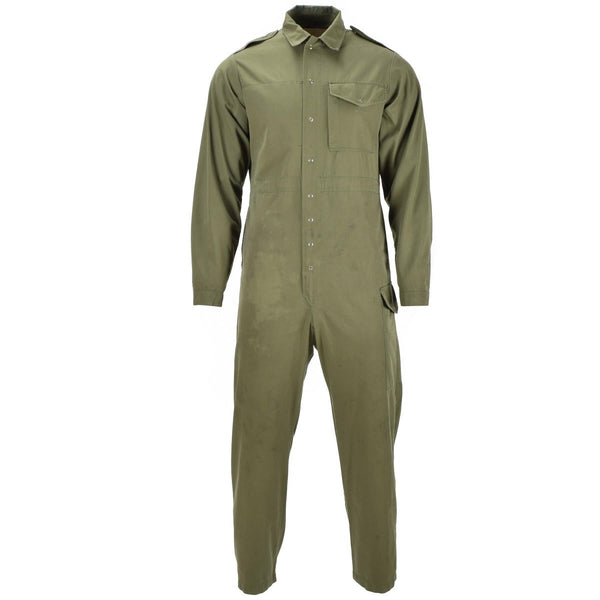 Original British army olive green mechanics coverall with long sleeves and front button closure jumpsuit