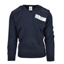 Original British navy blue ex-police V-neck pullover jumper with shoulder epaulets and chest pocket, durable and warm.