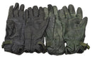 Pair of genuine British Army MK II leather combat gloves in black and dark green with wrist straps and lining.