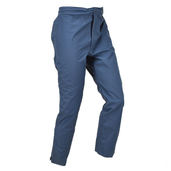Blue waterproof British Royal Air Force wet weather trousers designed for durability and outdoor use.