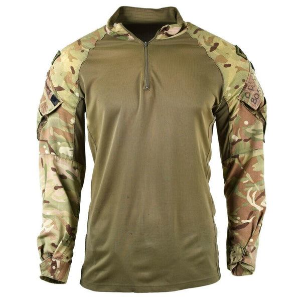 Original British UBAC MTP camo military sweatshirt with quarter-zip, reinforced elbows, and arm pockets for tactical use.