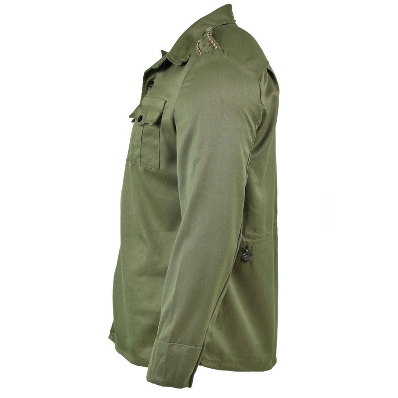 Side view of original Bulgarian army green olive combat jacket with buttoned cuffs and shoulder epaulets