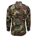 Back view of original Croatian military cotton BDU shirt in woodland camouflage pattern with long sleeves.