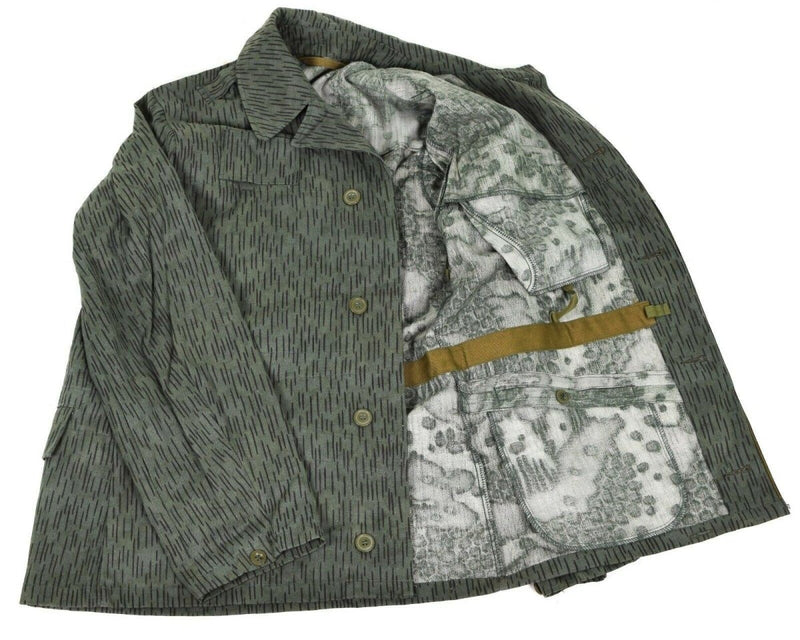 Original Czech army M60 field jacket with raindrop camouflage and detailed interior pockets, durable and adjustable fit.