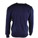 Original Czech army blue wool V-neck military surplus sweater jumper shown from the back with rib-knit cuffs and waist