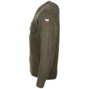 Olive drab Czech army wool sweater with reinforced elbows and shoulders, featuring Czech Republic flag patch on sleeve.