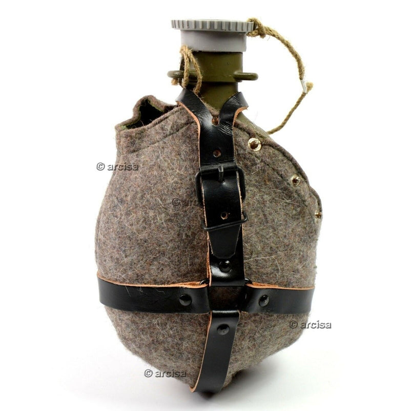 Original Czech Army M60 metal water flask with wool cover and leather straps, vintage military canteen for outdoor use