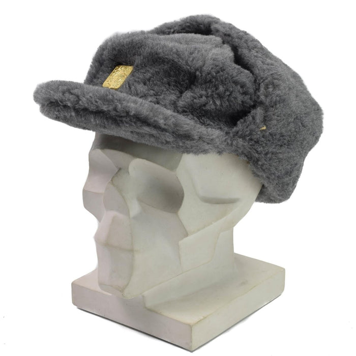 Gorro de invierno militar gris de piel sintética de la República Checa con orejeras e insignia dorada en una cabeza de maniquí