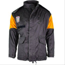 Original Danish M84 civil defence jacket in gray with orange shoulder patches and multiple zip and flap pockets