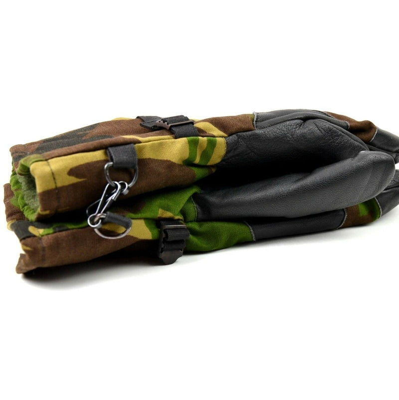Original Dutch army DPM woodland camo mittens with leather grip, designed for warmth and durability in tactical outdoor use.