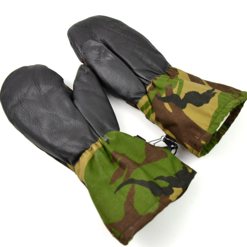 Pair of original Dutch army DPM woodland camo mittens with black leather grip for outdoor and tactical use.