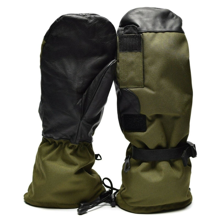 Original Dutch Army olive Gore-Tex trigger finger mittens, leather palms, adjustable wrist straps for cold, wet conditions.