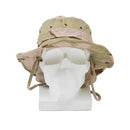 Original Dutch military desert camo boonie hat with wide brim and adjustable chin strap on a white mannequin head
