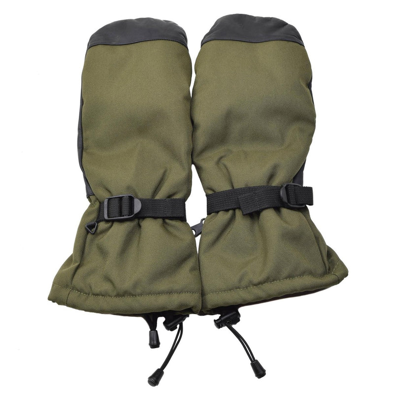 Olive green waterproof Dutch military special forces winter mittens with leather palms and adjustable straps.