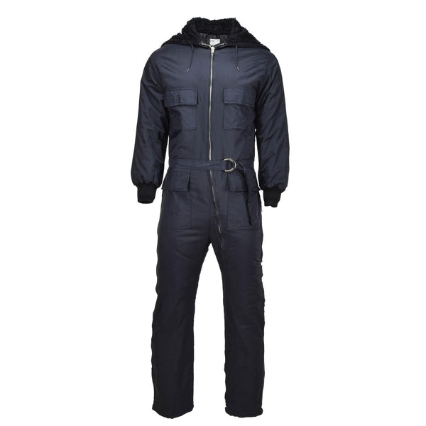 Black Original Dutch military winter coverall with faux fur hood, multiple pockets, adjustable cuffs, and belt buckle.