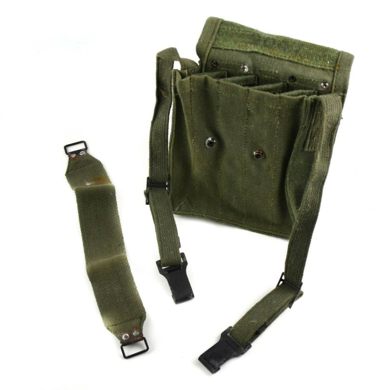 Original French army 5-cell magazine pouch with adjustable shoulder strap and durable snap closures in olive green canvas