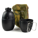 Original British Army canteen with black water bottle, matching cup, and woodland camouflage pouch on white background
