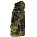 Side view of German army GoreTex flecktarn waterproof camouflage rain jacket with hood and adjustable sleeves