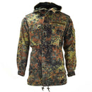 Original German army Flecktarn camouflage field jacket parka with liner, hood, adjustable cuffs, and multiple pockets