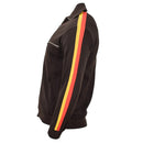 Original brown German army NVA sports jacket with yellow and red stripes, zip closure, and ribbed cuffs and waist.
