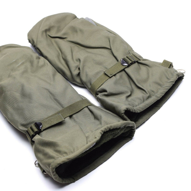 Original German Army olive grey camo mittens with adjustable strap for cold weather and military use.