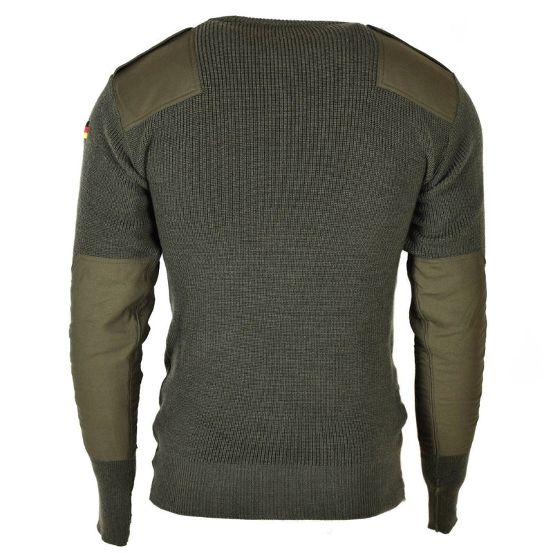 Back view of original German army green olive wool pullover with reinforced shoulders and elbows.