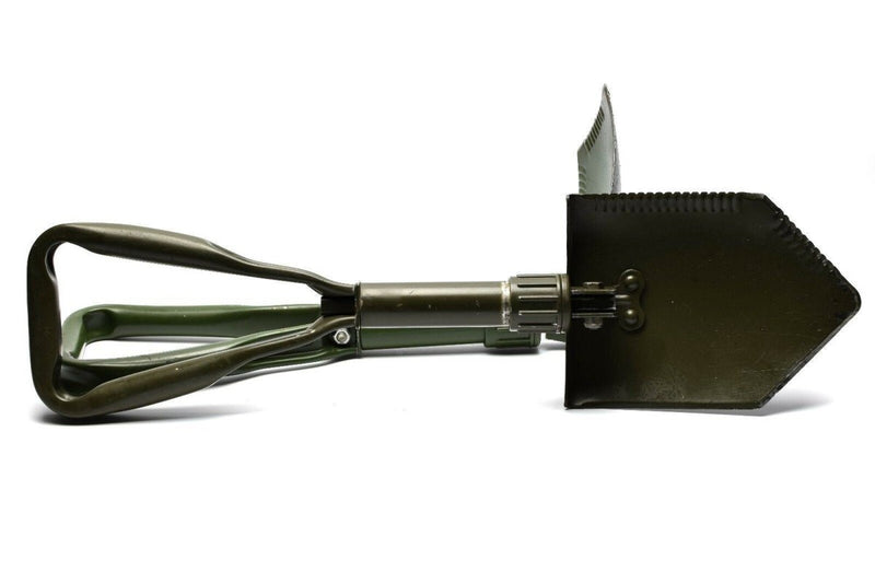 Original German BW Army folding shovel with serrated edge, compact and sturdy for survival and outdoor use.