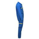Side view of original German Bundeswehr bright blue acid-resistant work coverall with yellow zipper accents and pockets