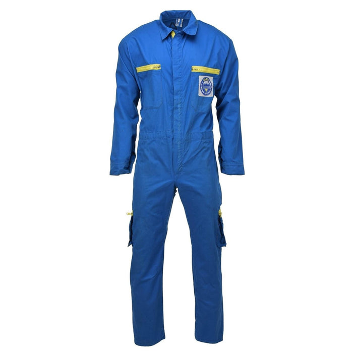 Originele Duitse militaire Bundeswehr blauwe zuurbestendige overall met cargozakken en tweewegritssluiting, duurzame polyester-katoenmix