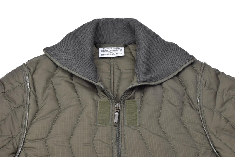 Olive green German military quilted coverall liner with zipper and gray ribbed collar for cold weather warmth