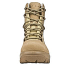 Front view of original German military khaki tactical boot with round rubber sole and lace closure