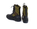 Pair of original German army tropical boots in black and OD green with side zip and durable soles
