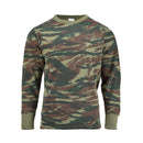 Greek military sweatshirt with lizard camouflage pattern, stretch fabric, elastic cuffs, and round neck for comfort and durability