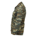 Side view of original Greek military field BDU jacket with lizard camouflage pattern and multiple pockets