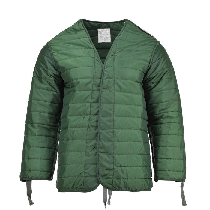 Origineel Grieks militair M65 groen gewatteerd voeringjack met lange mouwen en strikbanden aan de voorkant voor warmte en laagjes