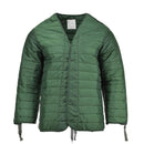 Original Greek military M65 green quilted liner jacket with long sleeves and front ties for warmth and layering