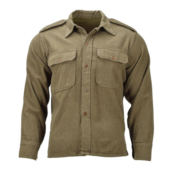 Front view of Original Greek military tactical olive wool shirts breathable lightweight field vintage - GoMilitar