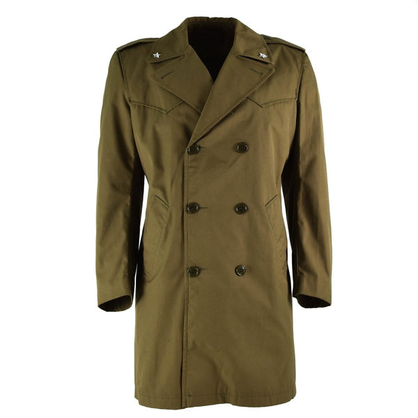 Vintage original Italian army double-breasted khaki trenchcoat raincoat with military design and waterproof fabric