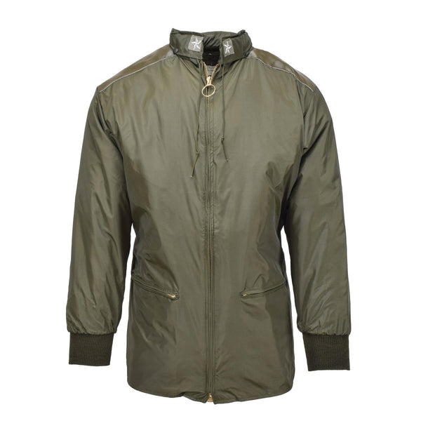 Original Italian military olive green rain jacket with zip front, ribbed cuffs, and high collar, designed for durability.