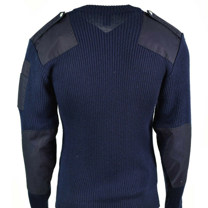 Dark blue Italian military pullover V-neck sweater with reinforced elbows and shoulders, wool blend for durability and warmth.