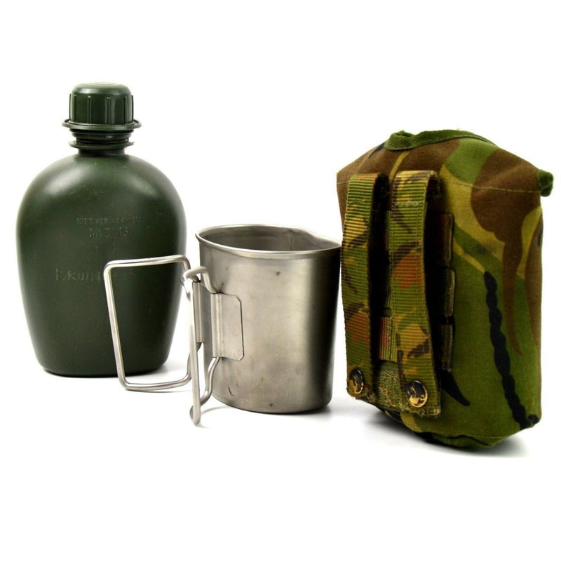 Original Netherlands Dutch Army canteen with stainless steel cup and camouflage cover for outdoor use and hydration