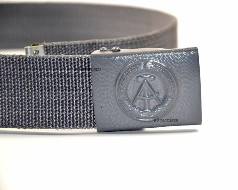 Original East German military grey canvas belt with box buckle featuring East German insignia symbol.