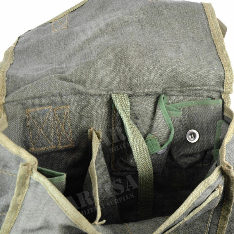 Open original Polish army canvas shoulder bag showing interior pockets and button closures in olive green color