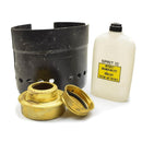 Original Swedish Army Trangia spirit burner, black metal windshield, and white fuel bottle for outdoor cooking kit