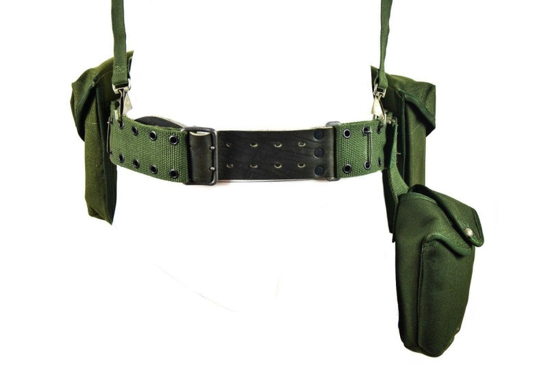 Original Swedish army webbing rig system 304 tactical belt with adjustable H-straps and storage pouches in green color