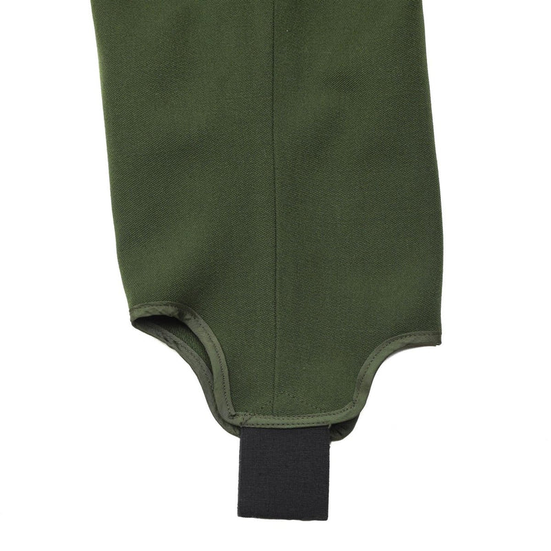 Close-up of green pleated front Swedish military formal pants showing stirrup detail and fabric texture