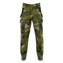 Original Swedish military M90 camouflage pants with reinforced knees, secure pockets, and wide belt loops for outdoor and tactical use.