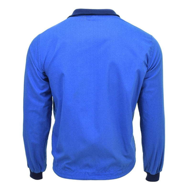 Back view of original Swedish military sports jacket in bold blue with ribbed cuffs and collar, vintage retro style.